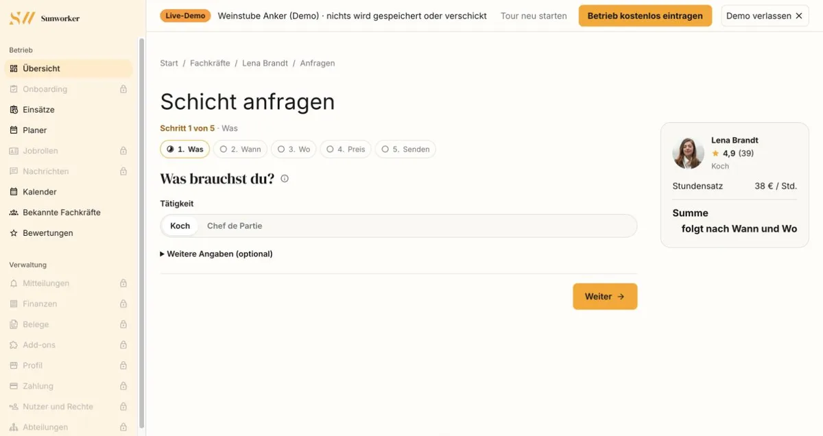Anfrage an Lena Brandt, Schritt 1 von 5, mit Preiskarte